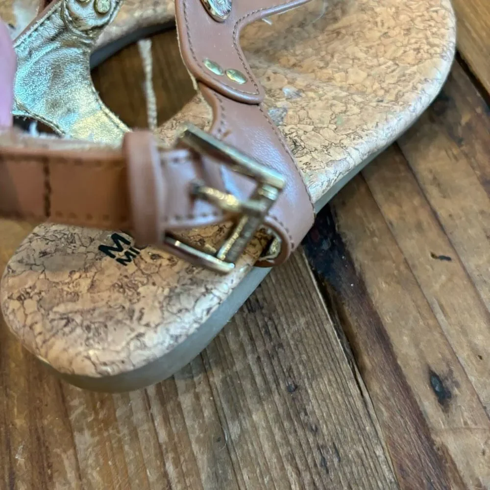 Michael Kors T Strap Sandals Cognac Brown Strap Back Size 10